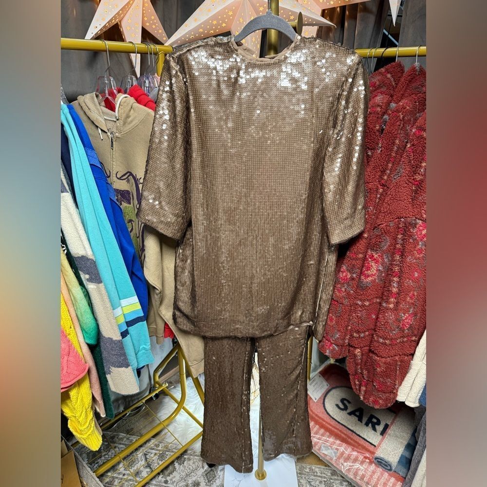 Free People Sabina Musayev Nancy Sequin Top & Pants Set in Chocolate - Picture 7 of 9